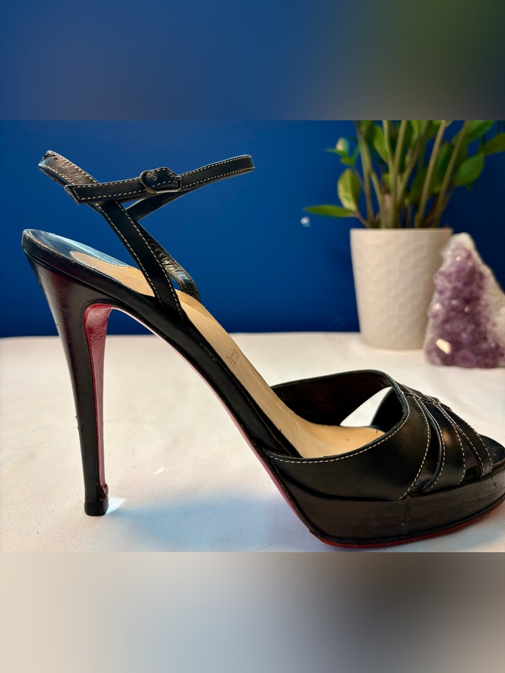 Christian Louboutin Black Leather Contrast-Stitch Platform Sandals, US Size 10 - Picture 5 of 16